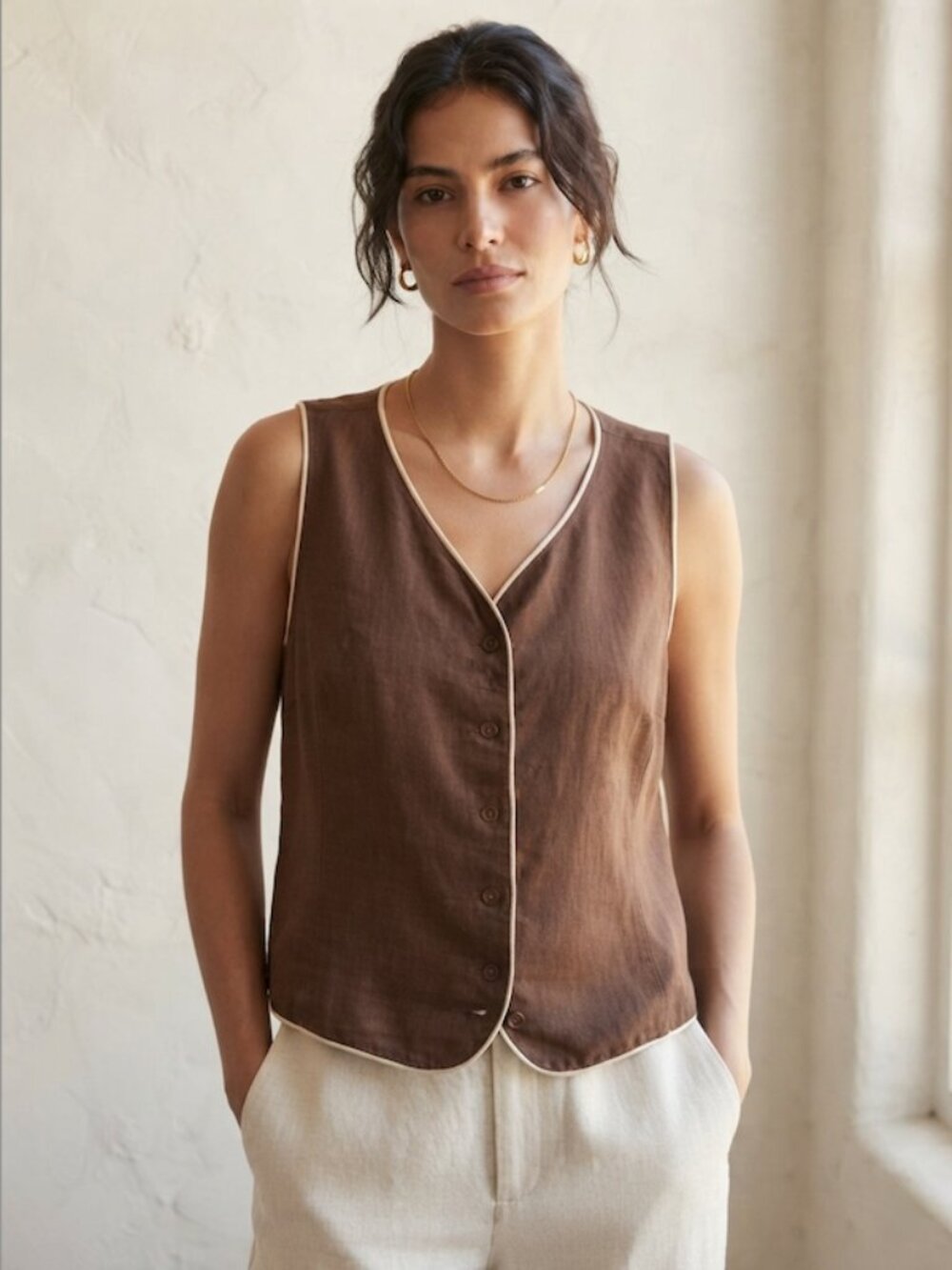 White Closet Button Front Vest Waistcoat Top Brown XL